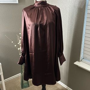 H&M women’s brown satin long sleeve shirt dress size L